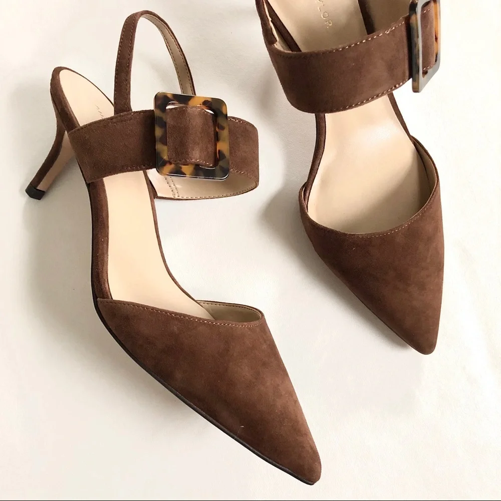 Ann Taylor Brown Suede Pointed Toe Slingback Heels with Buckle - Picture 3 of 7